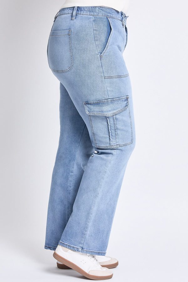 Women's Plus High Rise Elastic Waist Cargo Straight Leg Jeans - Image 4