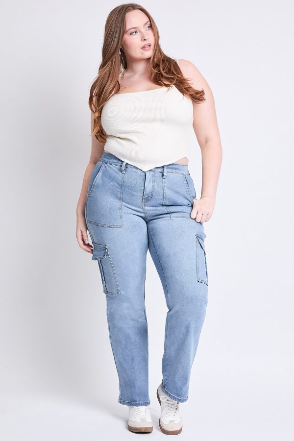Women's Plus High Rise Elastic Waist Cargo Straight Leg Jeans - Image 7