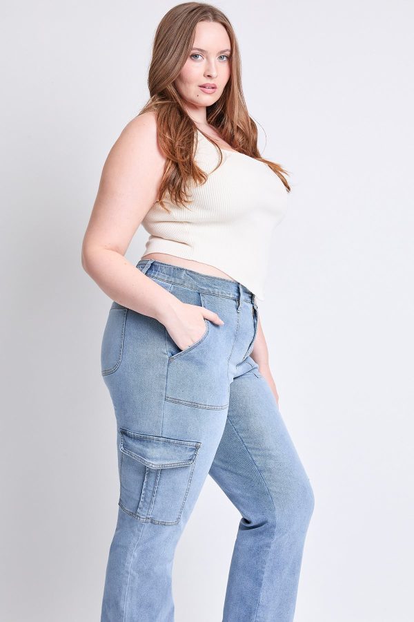 Women's Plus High Rise Elastic Waist Cargo Straight Leg Jeans - Image 5