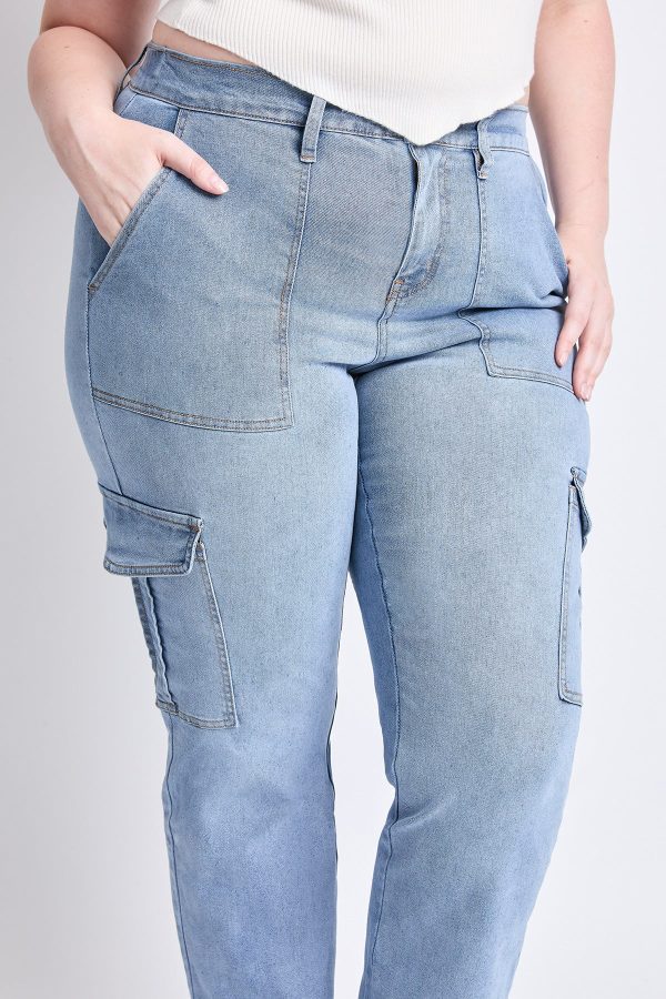 Women's Plus High Rise Elastic Waist Cargo Straight Leg Jeans - Image 3